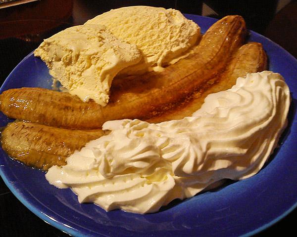Baked Banana with Honey Cream & Vanilla Ice Cream